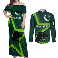 Pakistan Cricket Helmet Couples Matching Off Shoulder Maxi Dress and Long Sleeve Button Shirts Proud Shaheen Falcon Star and Crescent LT9 - Wonder Print Shop