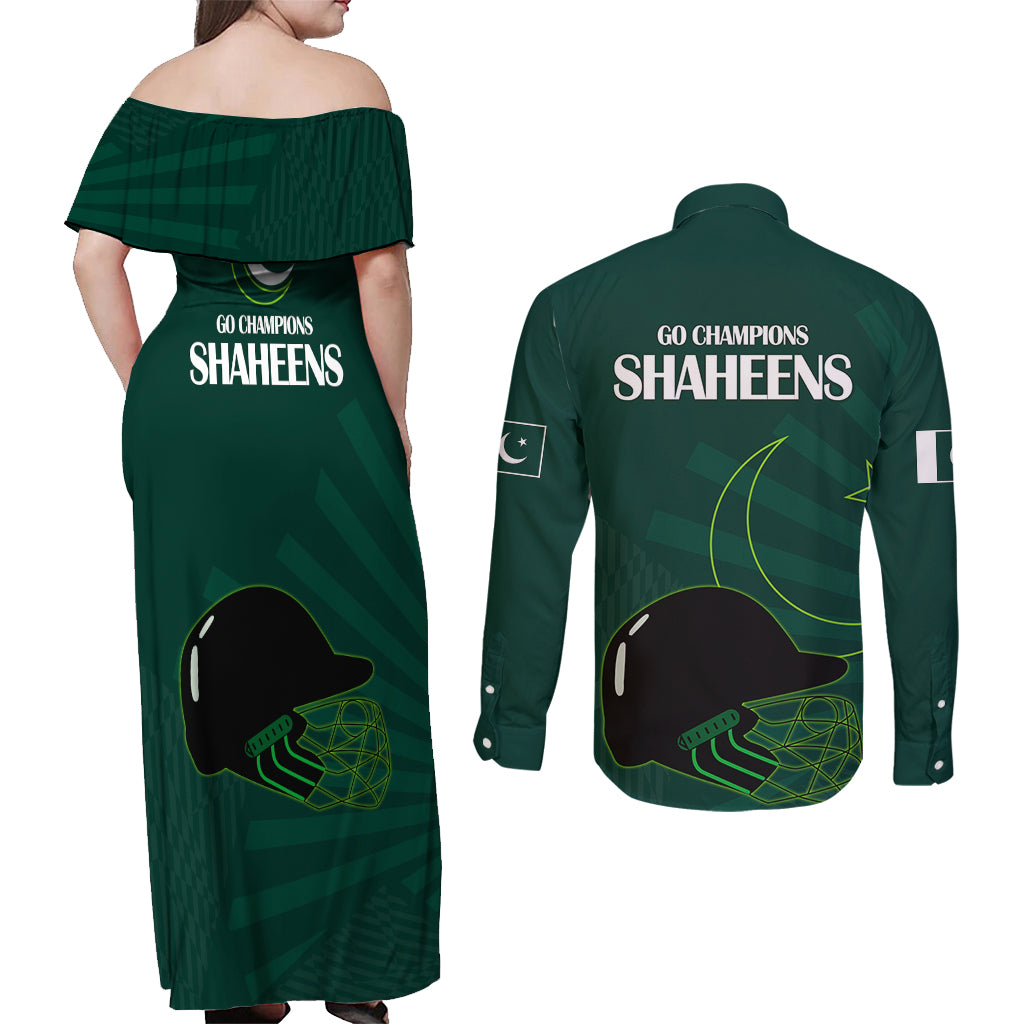 Pakistan Cricket Helmet Couples Matching Off Shoulder Maxi Dress and Long Sleeve Button Shirts Proud Shaheen Falcon Star and Crescent LT9 - Wonder Print Shop
