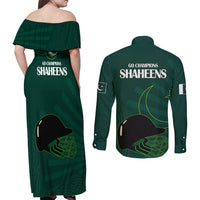 Pakistan Cricket Helmet Couples Matching Off Shoulder Maxi Dress and Long Sleeve Button Shirts Proud Shaheen Falcon Star and Crescent LT9 - Wonder Print Shop