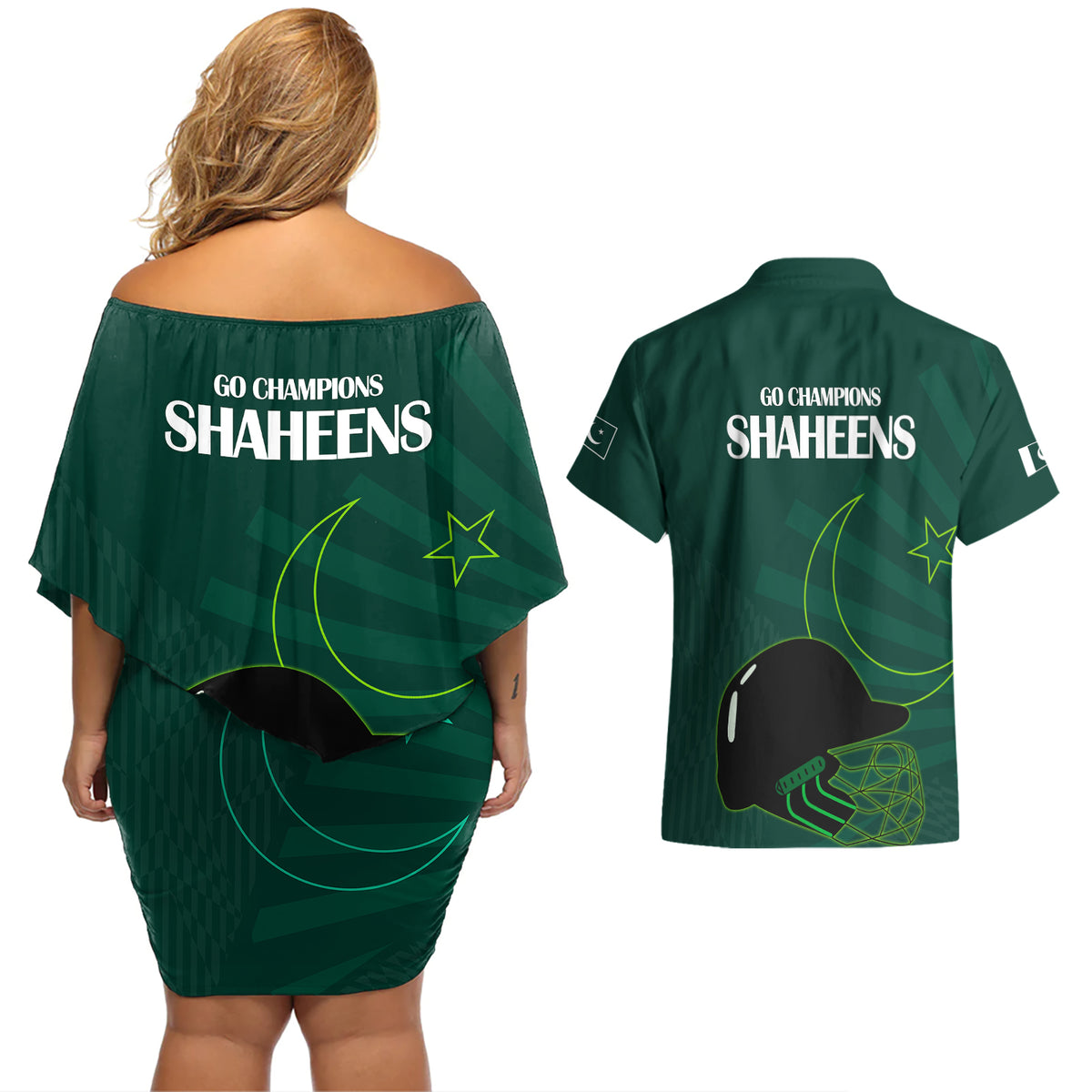 Pakistan Cricket Helmet Couples Matching Off Shoulder Short Dress and Hawaiian Shirt Proud Shaheen Falcon Star and Crescent LT9 - Wonder Print Shop