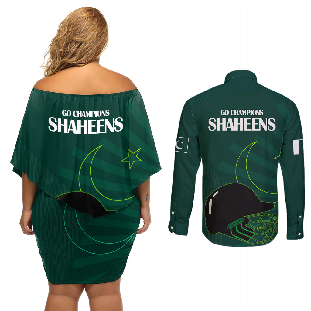 Pakistan Cricket Helmet Couples Matching Off Shoulder Short Dress and Long Sleeve Button Shirts Proud Shaheen Falcon Star and Crescent LT9 - Wonder Print Shop
