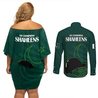 Pakistan Cricket Helmet Couples Matching Off Shoulder Short Dress and Long Sleeve Button Shirts Proud Shaheen Falcon Star and Crescent LT9 - Wonder Print Shop