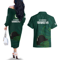 Pakistan Cricket Helmet Couples Matching Off The Shoulder Long Sleeve Dress and Hawaiian Shirt Proud Shaheen Falcon Star and Crescent LT9 - Wonder Print Shop