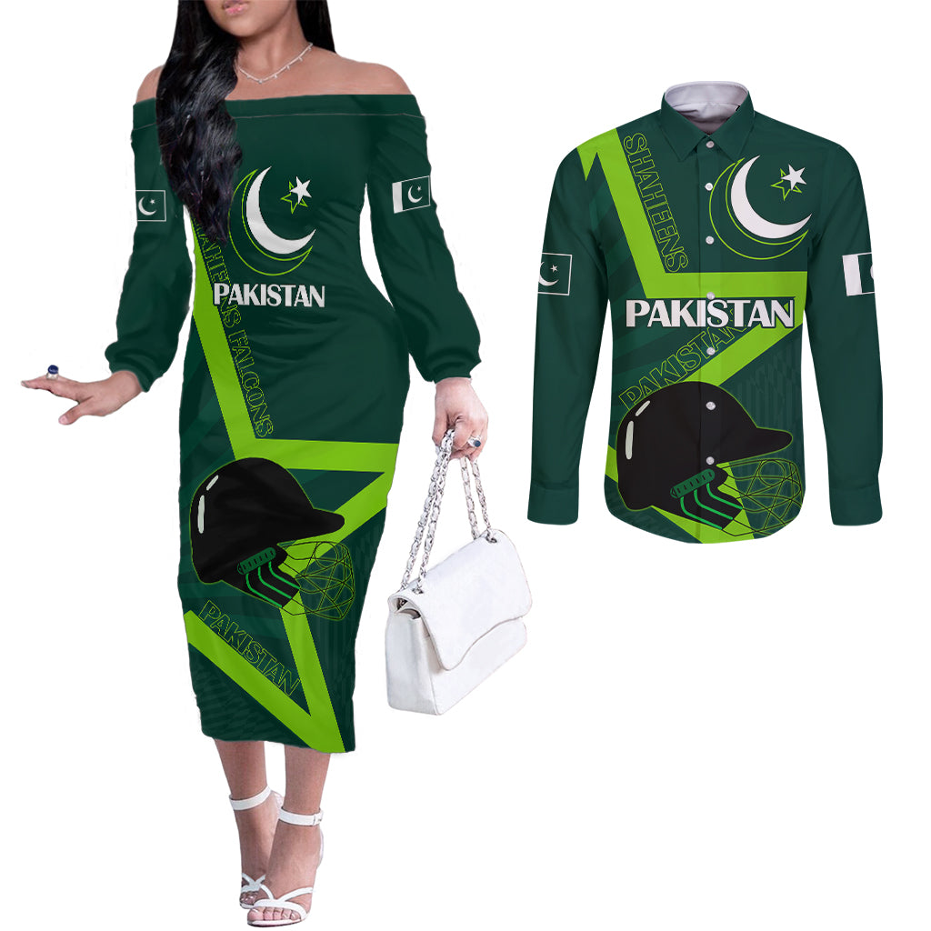 pakistan-cricket-helmet-couples-matching-off-the-shoulder-long-sleeve-dress-and-long-sleeve-button-shirts-proud-shaheen-falcon-star-and-crescent