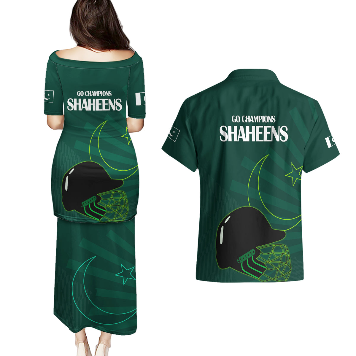 Pakistan Cricket Helmet Couples Matching Puletasi Dress and Hawaiian Shirt Proud Shaheen Falcon Star and Crescent LT9 - Wonder Print Shop