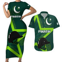 Pakistan Cricket Helmet Couples Matching Short Sleeve Bodycon Dress and Hawaiian Shirt Proud Shaheen Falcon Star and Crescent LT9 - Wonder Print Shop
