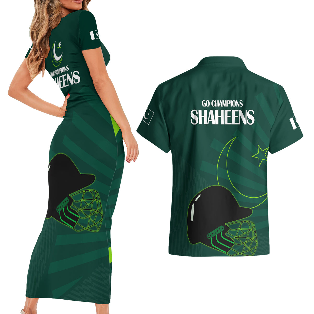 Pakistan Cricket Helmet Couples Matching Short Sleeve Bodycon Dress and Hawaiian Shirt Proud Shaheen Falcon Star and Crescent LT9 - Wonder Print Shop