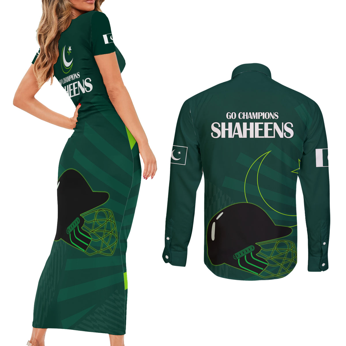 Pakistan Cricket Helmet Couples Matching Short Sleeve Bodycon Dress and Long Sleeve Button Shirts Proud Shaheen Falcon Star and Crescent LT9 - Wonder Print Shop