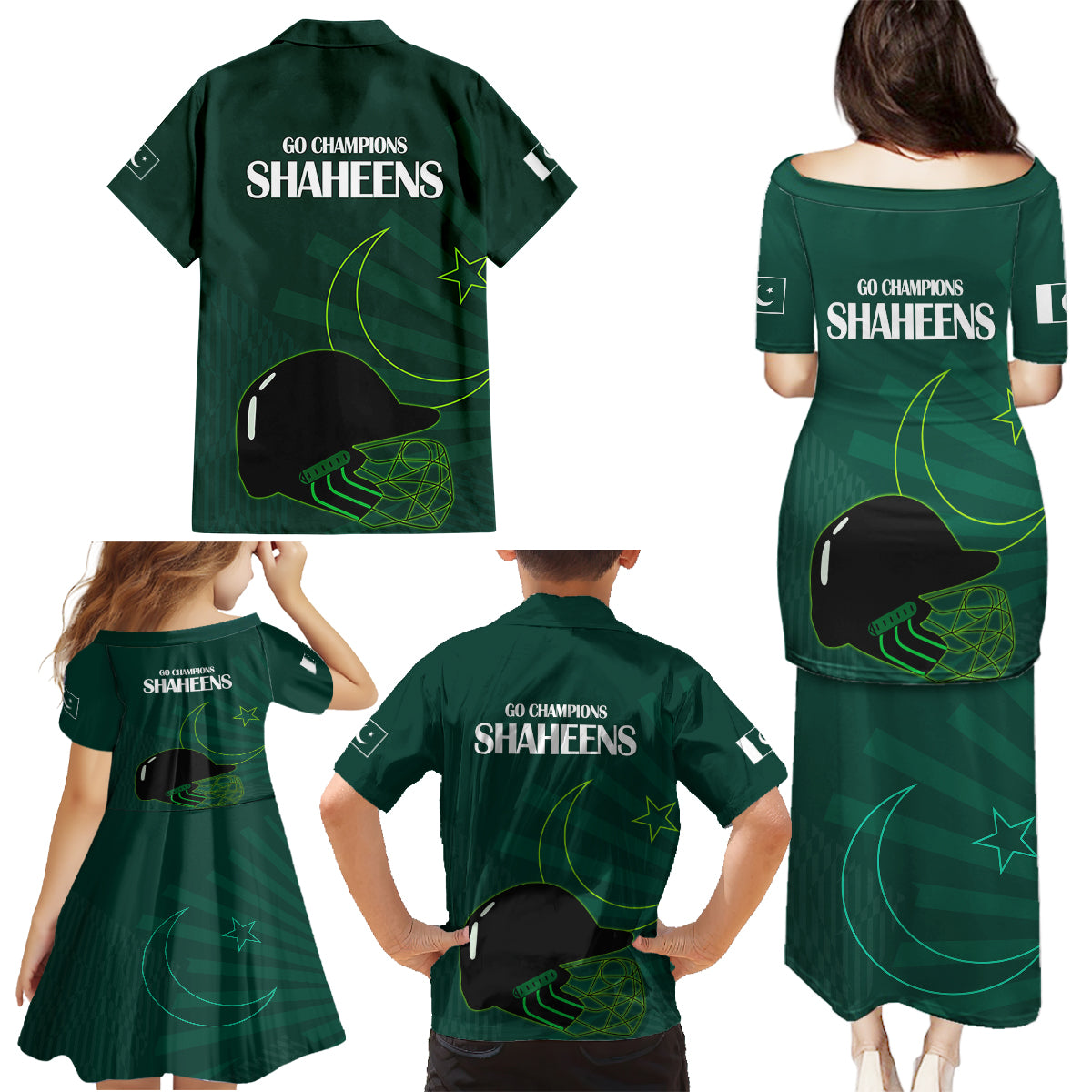 Pakistan Cricket Helmet Family Matching Puletasi Dress and Hawaiian Shirt Proud Shaheen Falcon Star and Crescent - Wonder Print Shop