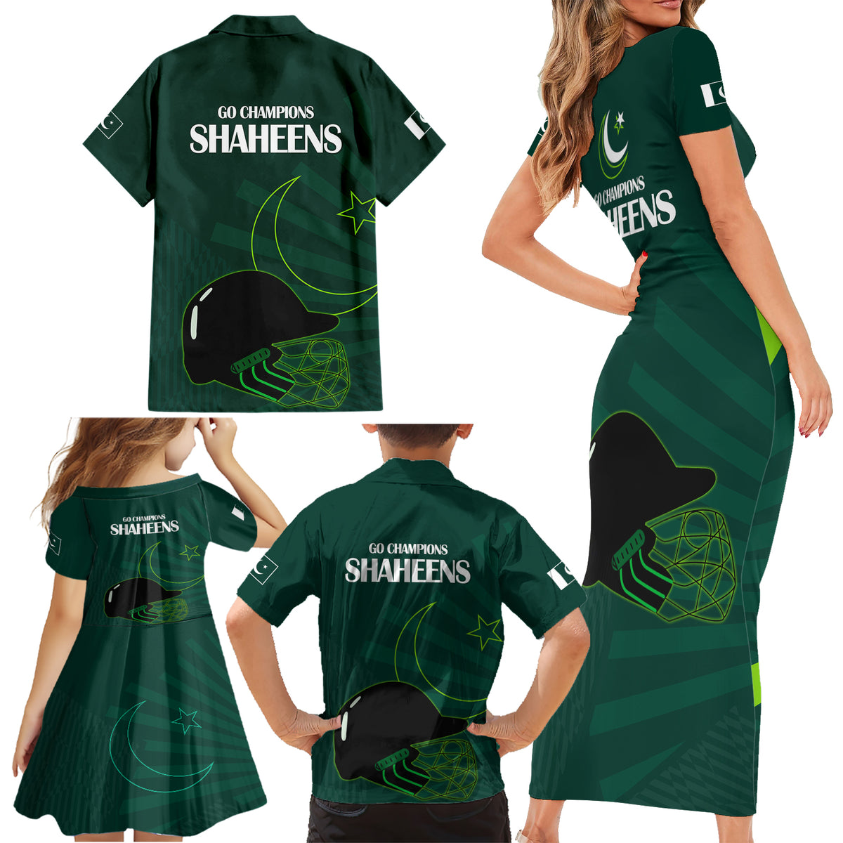 Pakistan Cricket Helmet Family Matching Short Sleeve Bodycon Dress and Hawaiian Shirt Proud Shaheen Falcon Star and Crescent - Wonder Print Shop