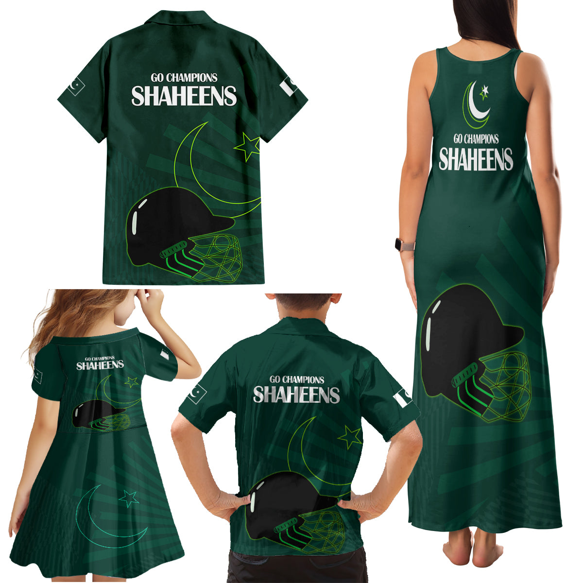 Pakistan Cricket Helmet Family Matching Tank Maxi Dress and Hawaiian Shirt Proud Shaheen Falcon Star and Crescent - Wonder Print Shop