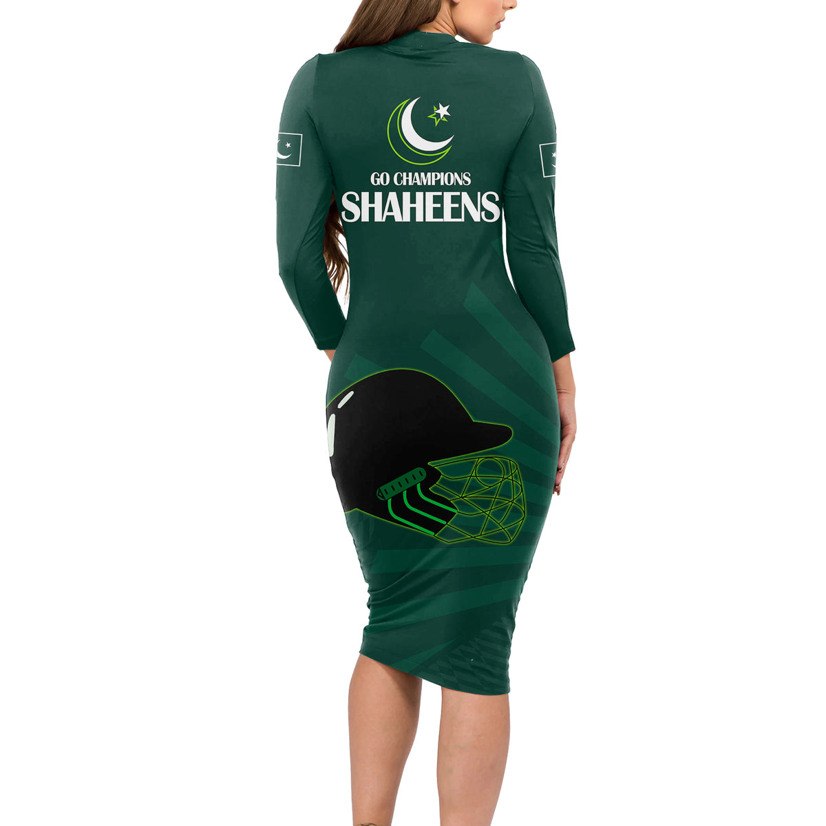 Pakistan Cricket Helmet Long Sleeve Bodycon Dress Proud Shaheen Falcon Star and Crescent - Wonder Print Shop