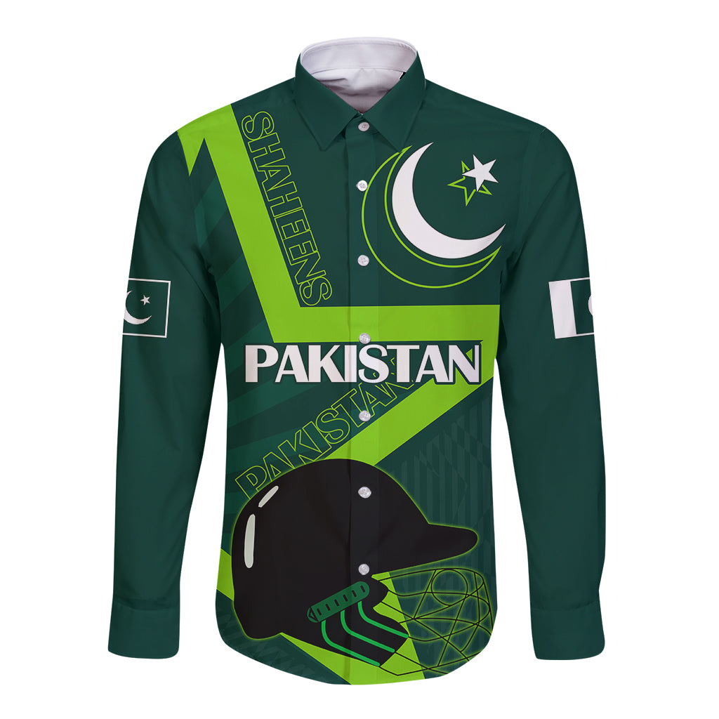 Pakistan Cricket Helmet Long Sleeve Button Shirt Proud Shaheen Falcon Star and Crescent - Wonder Print Shop