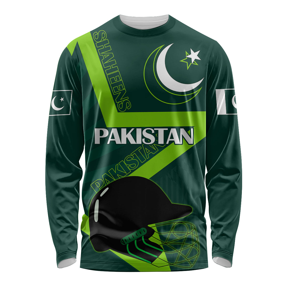 Pakistan Cricket Helmet Long Sleeve Shirt Proud Shaheen Falcon Star and Crescent - Wonder Print Shop