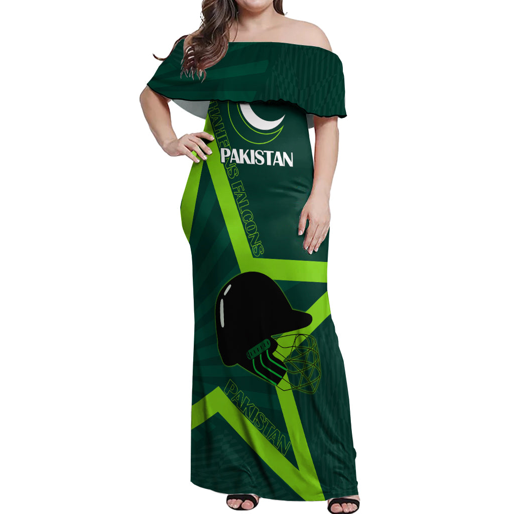 Pakistan Cricket Helmet Off Shoulder Maxi Dress Proud Shaheen Falcon Star and Crescent - Wonder Print Shop
