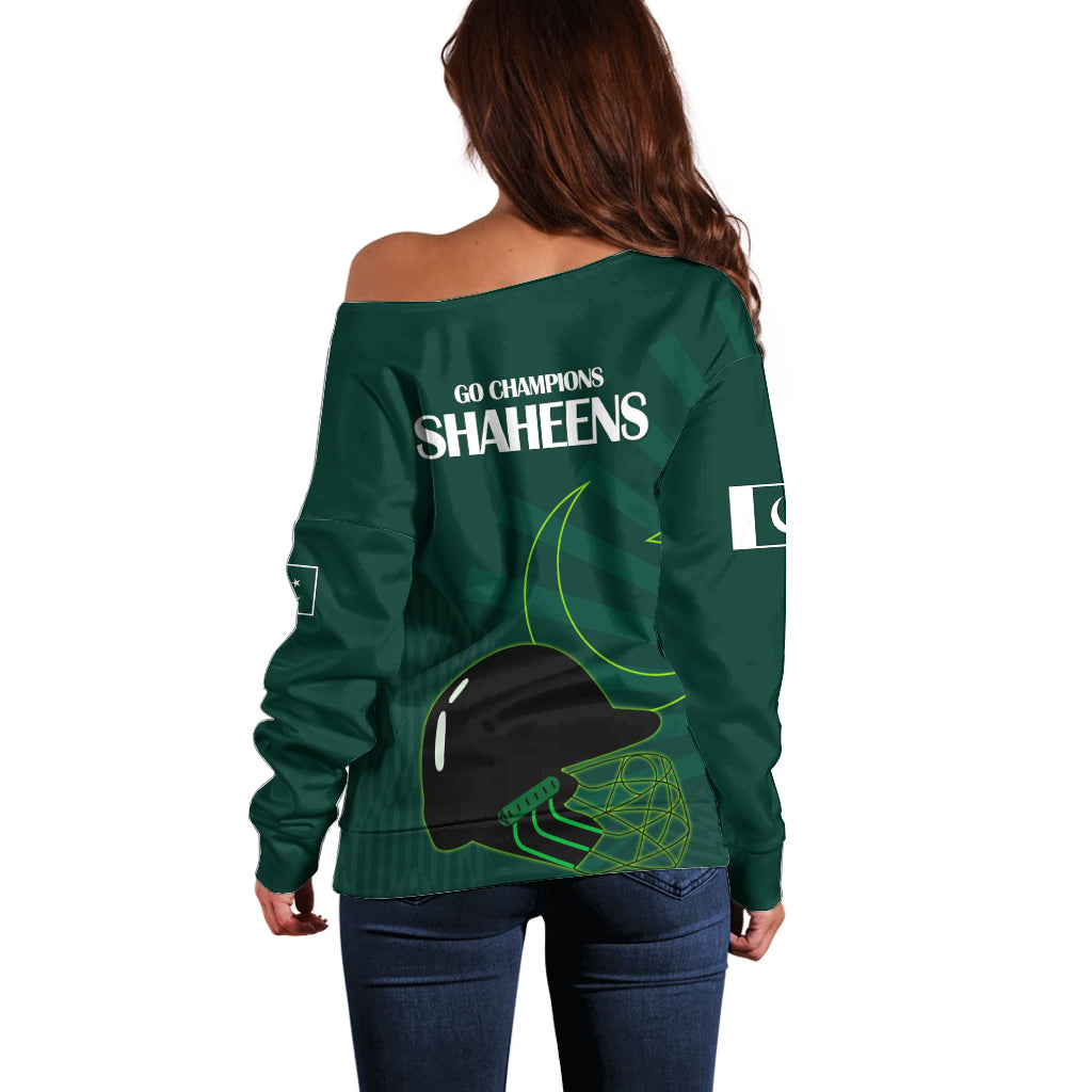 Pakistan Cricket Helmet Off Shoulder Sweater Proud Shaheen Falcon Star and Crescent - Wonder Print Shop