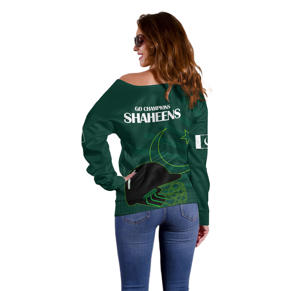 Pakistan Cricket Helmet Off Shoulder Sweater Proud Shaheen Falcon Star and Crescent - Wonder Print Shop