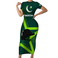 Pakistan Cricket Helmet Short Sleeve Bodycon Dress Proud Shaheen Falcon Star and Crescent - Wonder Print Shop