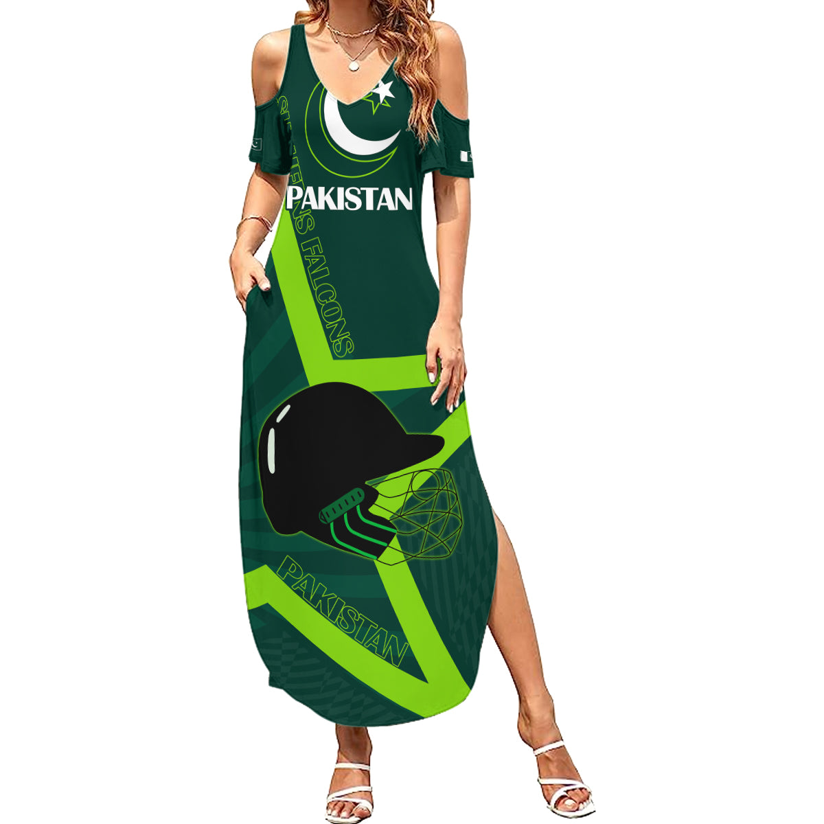 Pakistan Cricket Helmet Summer Maxi Dress Proud Shaheen Falcon Star and Crescent - Wonder Print Shop