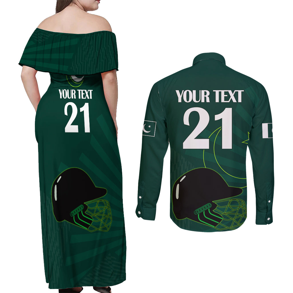 Custom Pakistan Cricket Helmet Couples Matching Off Shoulder Maxi Dress and Long Sleeve Button Shirts Proud Shaheen Falcon Star and Crescent LT9 - Wonder Print Shop