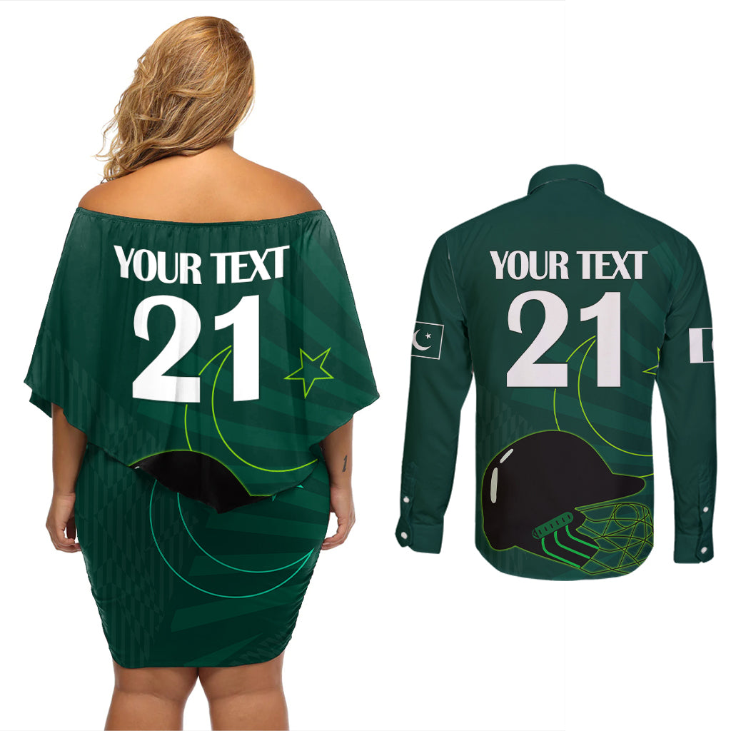 Custom Pakistan Cricket Helmet Couples Matching Off Shoulder Short Dress and Long Sleeve Button Shirts Proud Shaheen Falcon Star and Crescent LT9 - Wonder Print Shop