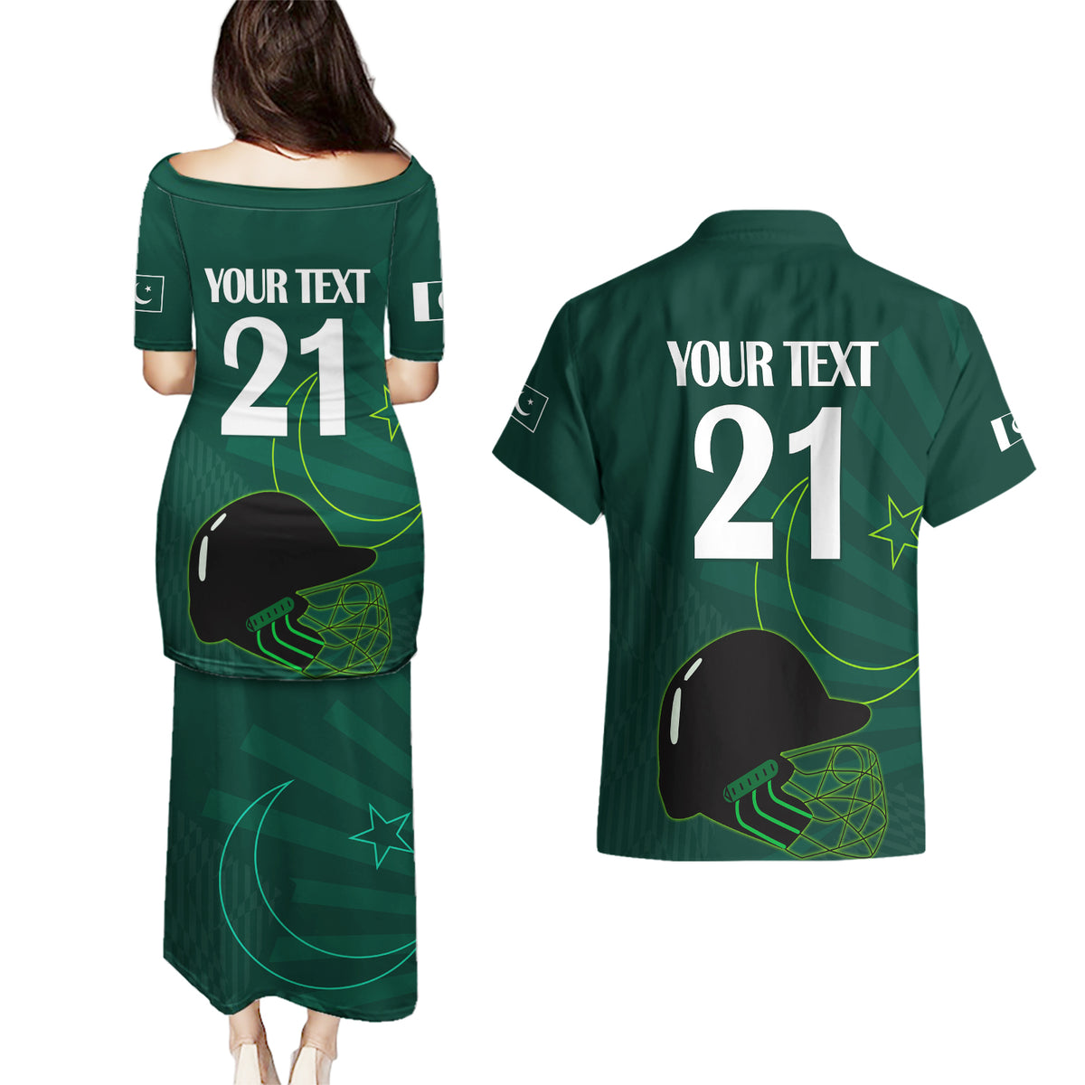 Custom Pakistan Cricket Helmet Couples Matching Puletasi Dress and Hawaiian Shirt Proud Shaheen Falcon Star and Crescent LT9 - Wonder Print Shop