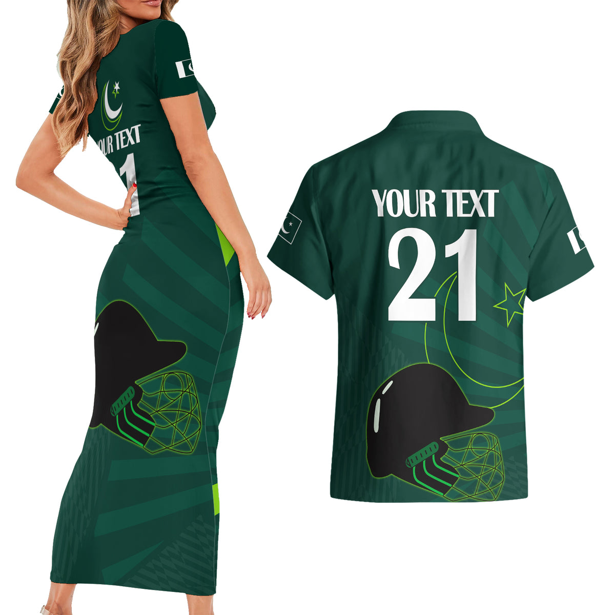 Custom Pakistan Cricket Helmet Couples Matching Short Sleeve Bodycon Dress and Hawaiian Shirt Proud Shaheen Falcon Star and Crescent LT9 - Wonder Print Shop