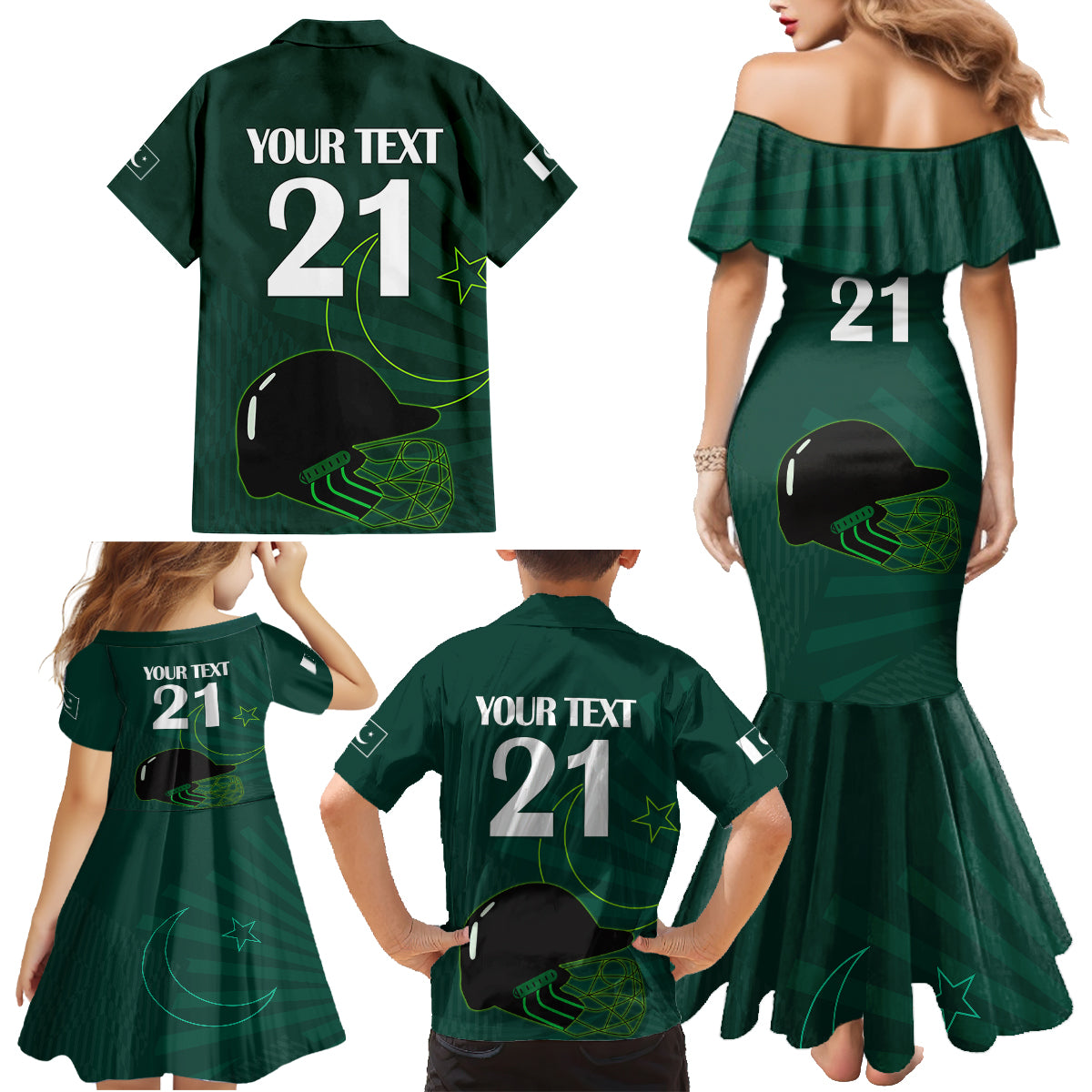 Custom Pakistan Cricket Helmet Family Matching Mermaid Dress and Hawaiian Shirt Proud Shaheen Falcon Star and Crescent LT9 - Wonder Print Shop