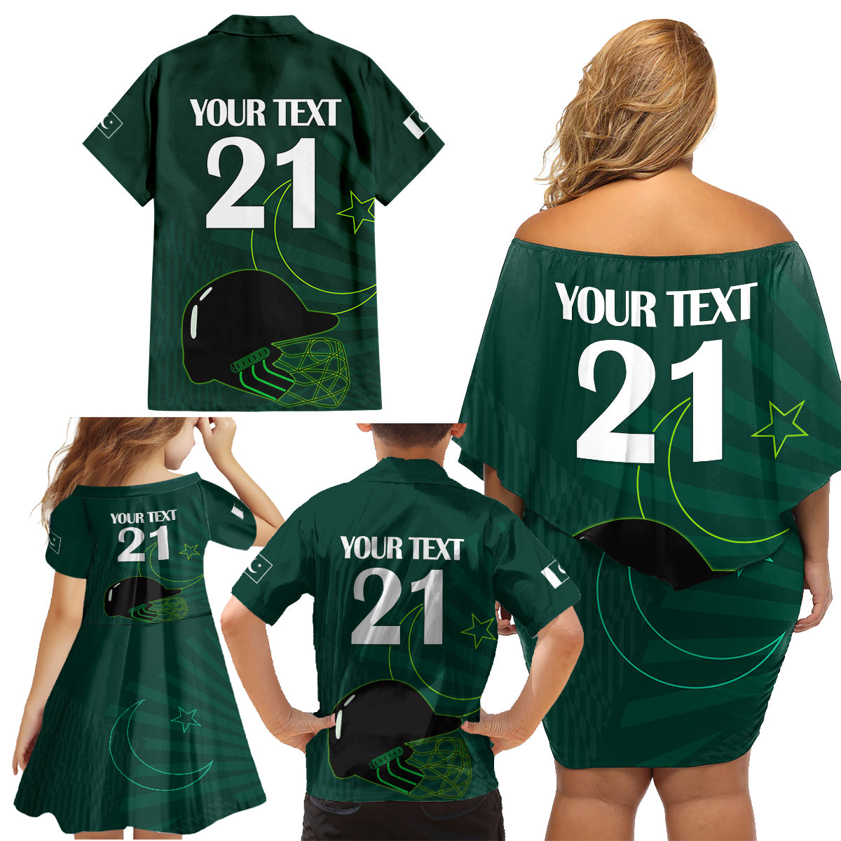 Custom Pakistan Cricket Helmet Family Matching Off Shoulder Short Dress and Hawaiian Shirt Proud Shaheen Falcon Star and Crescent LT9 - Wonder Print Shop