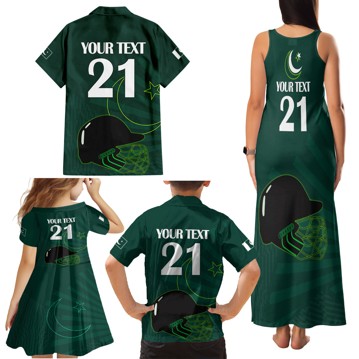 Custom Pakistan Cricket Helmet Family Matching Tank Maxi Dress and Hawaiian Shirt Proud Shaheen Falcon Star and Crescent - Wonder Print Shop