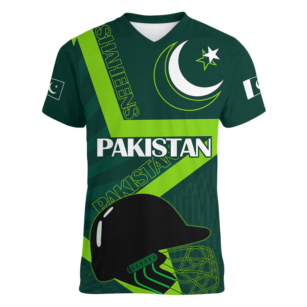 Custom Pakistan Cricket Helmet Women V Neck T Shirt Proud Shaheen Falcon Star and Crescent - Wonder Print Shop