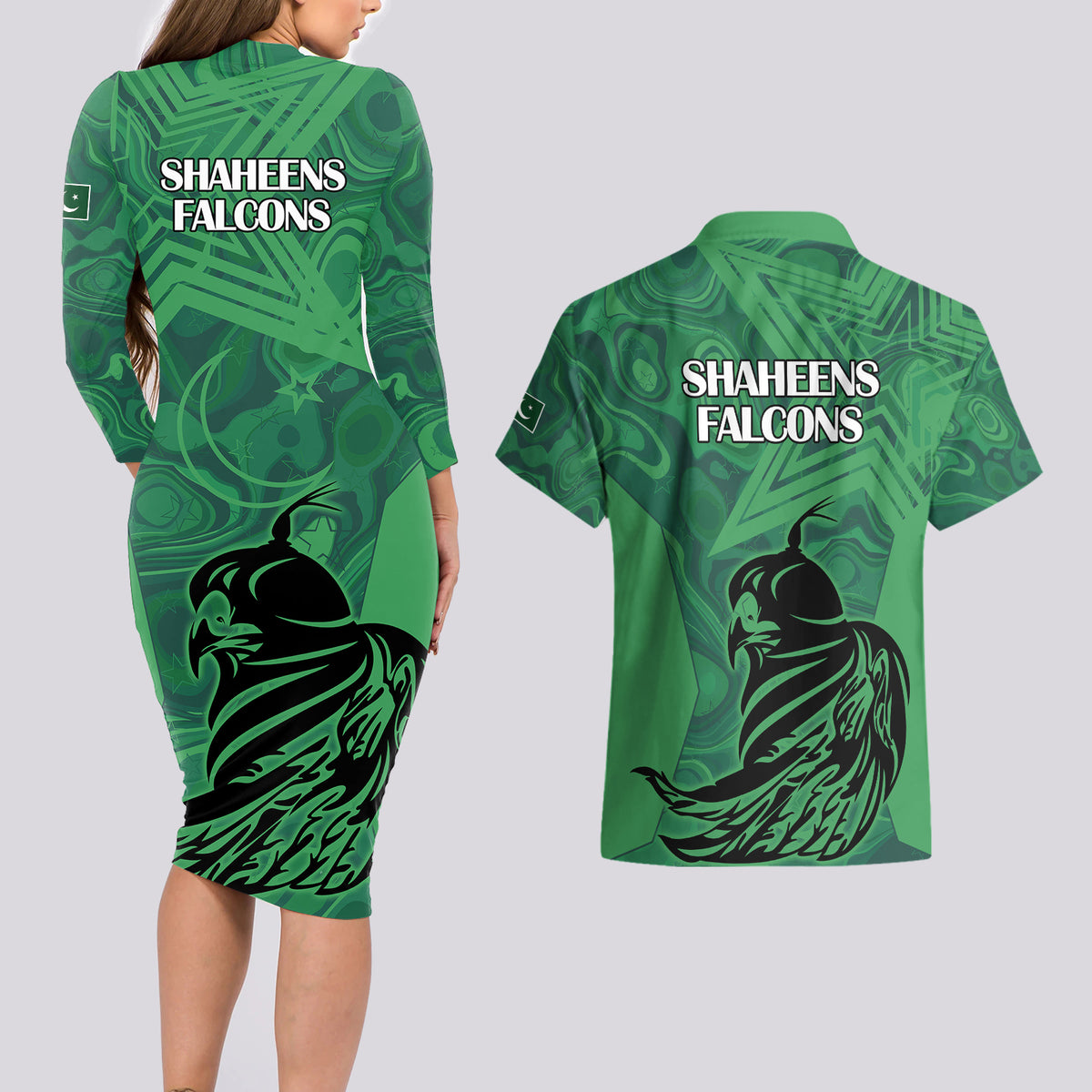 Pakistan Cricket Couples Matching Long Sleeve Bodycon Dress and Hawaiian Shirt Go Falcon World Cup 2023 Sporty Style LT9 - Wonder Print Shop