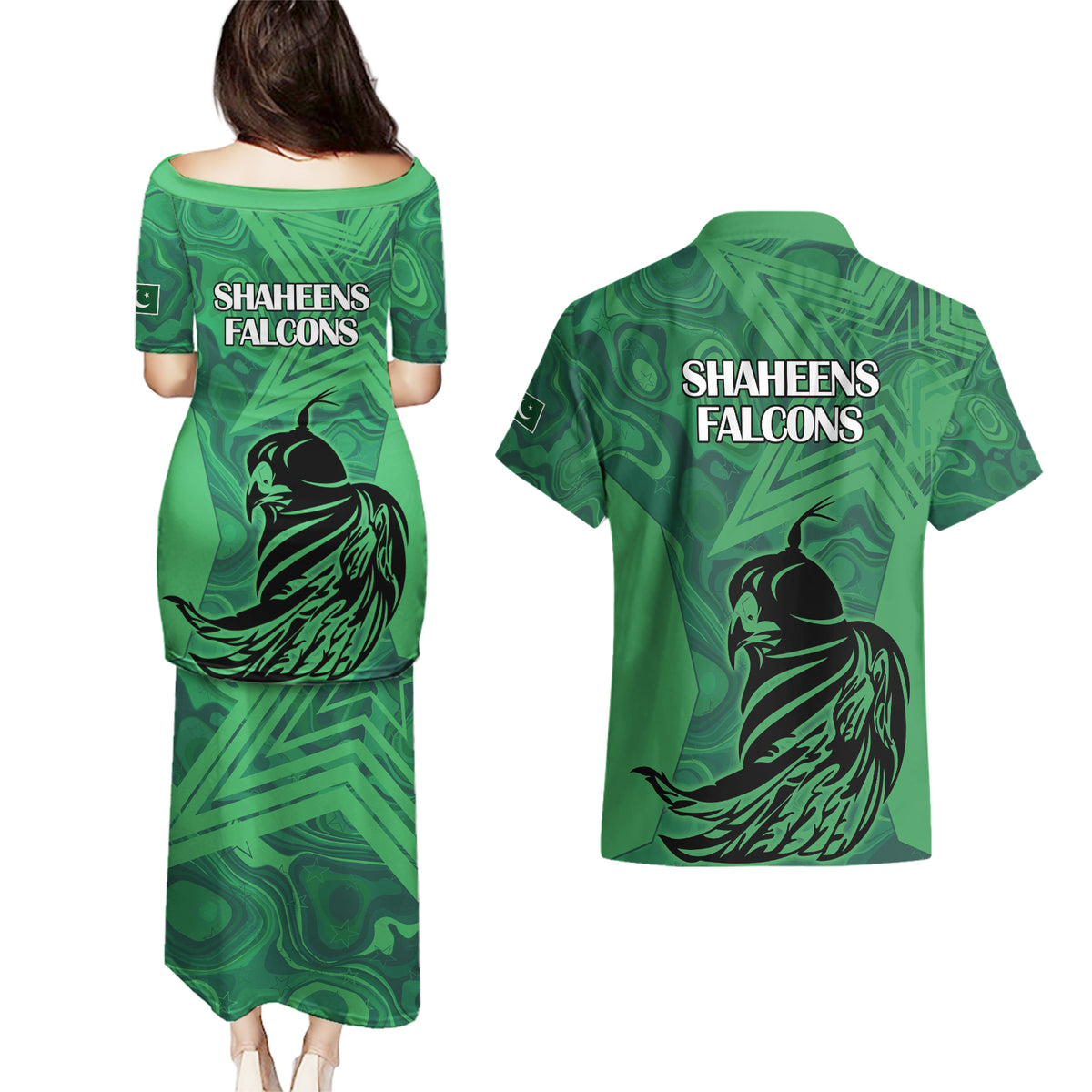 Pakistan Cricket Couples Matching Puletasi Dress and Hawaiian Shirt Go Falcon World Cup 2023 Sporty Style LT9 - Wonder Print Shop