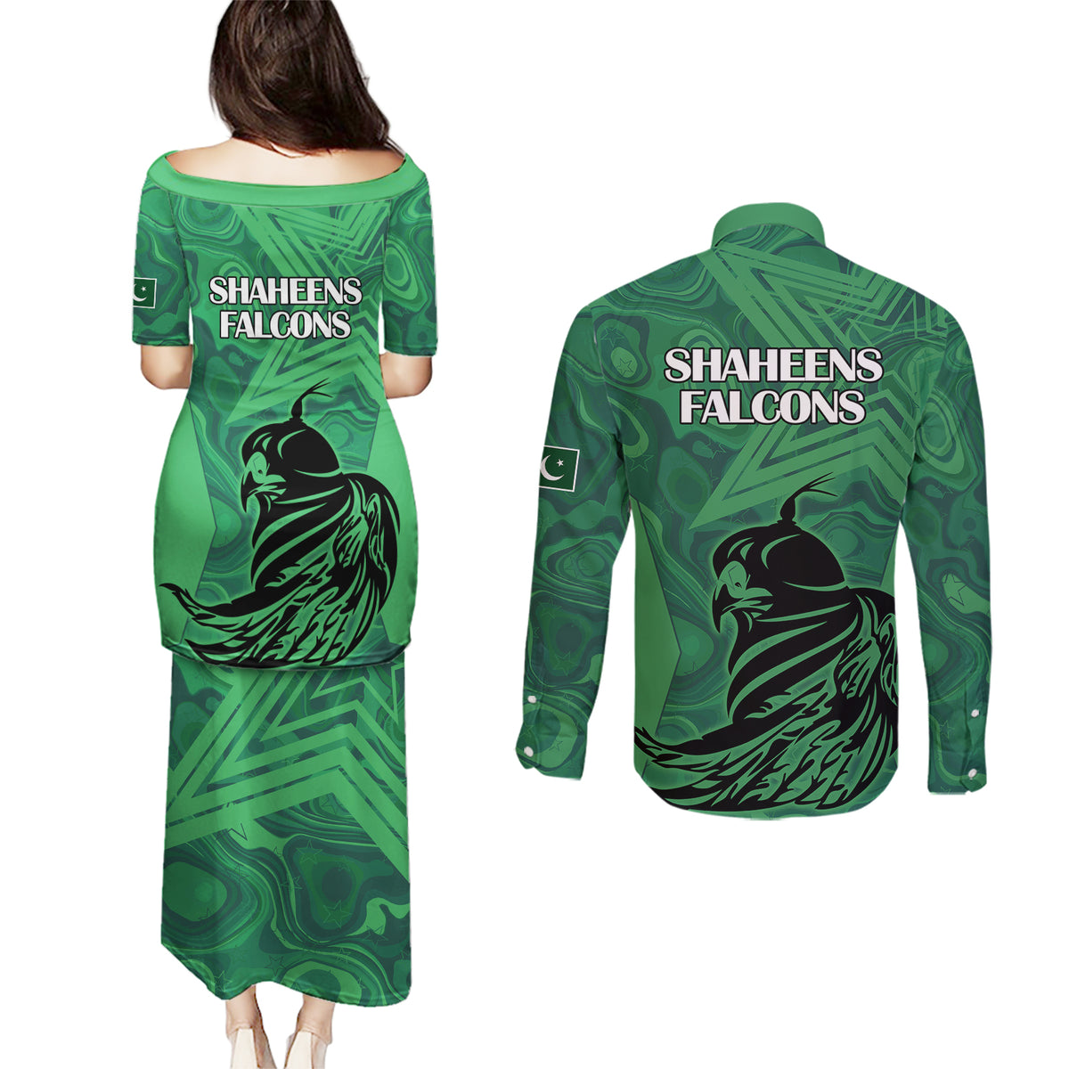 Pakistan Cricket Couples Matching Puletasi Dress and Long Sleeve Button Shirts Go Falcon World Cup 2023 Sporty Style LT9 - Wonder Print Shop
