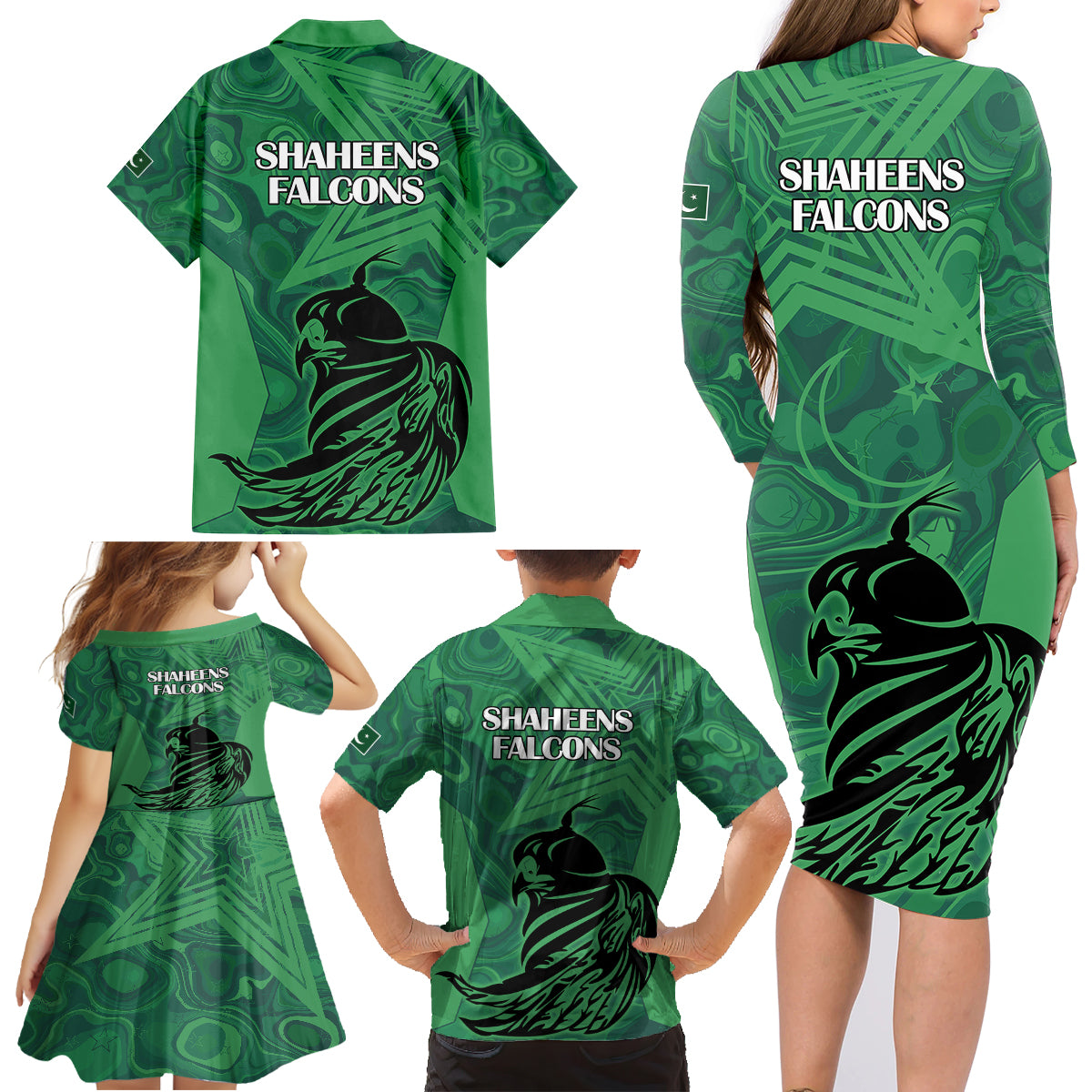 Pakistan Cricket Family Matching Long Sleeve Bodycon Dress and Hawaiian Shirt Go Falcon World Cup 2023 Sporty Style LT9 - Wonder Print Shop