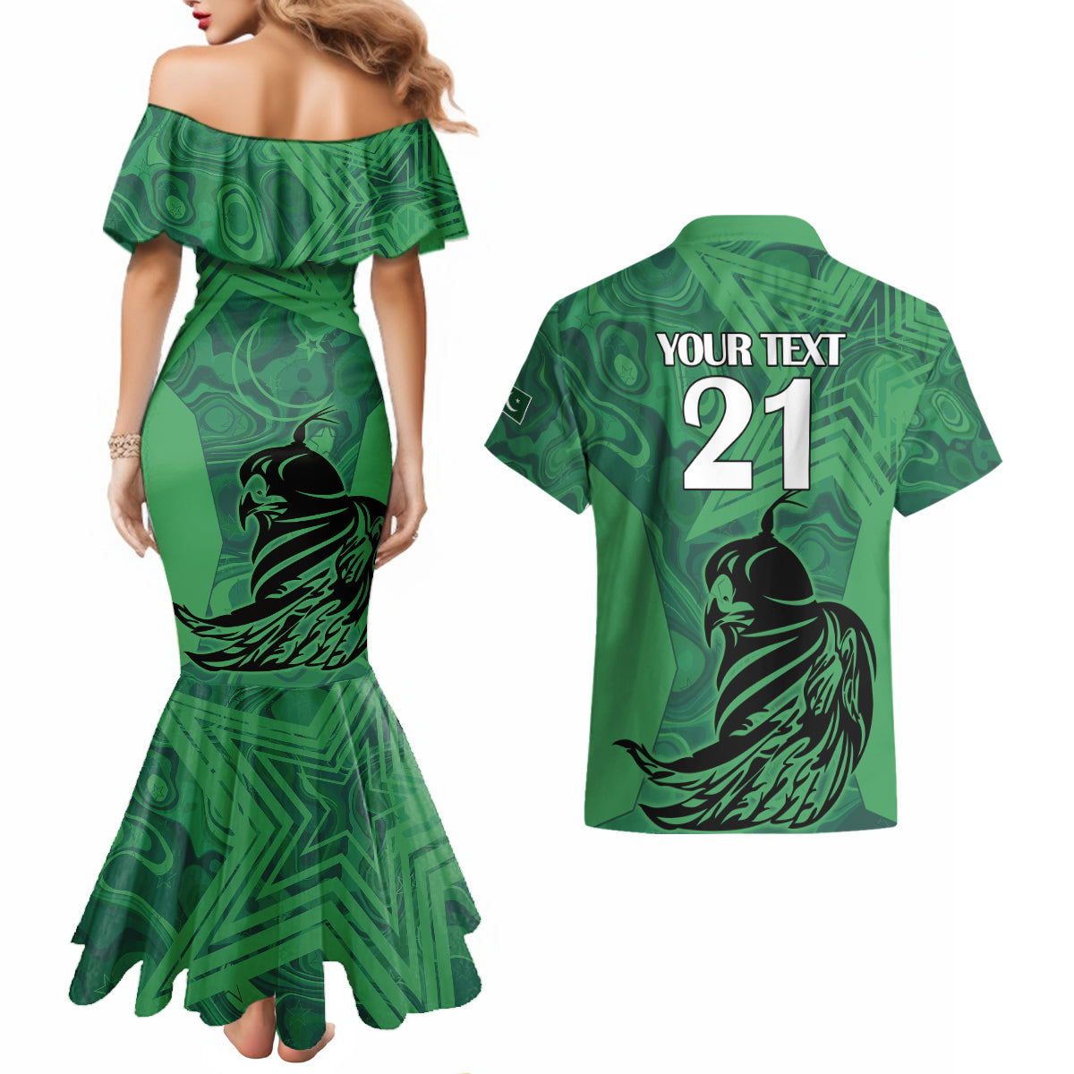 Custom Pakistan Cricket Couples Matching Mermaid Dress and Hawaiian Shirt Go Falcon World Cup 2023 Sporty Style LT9 - Wonder Print Shop