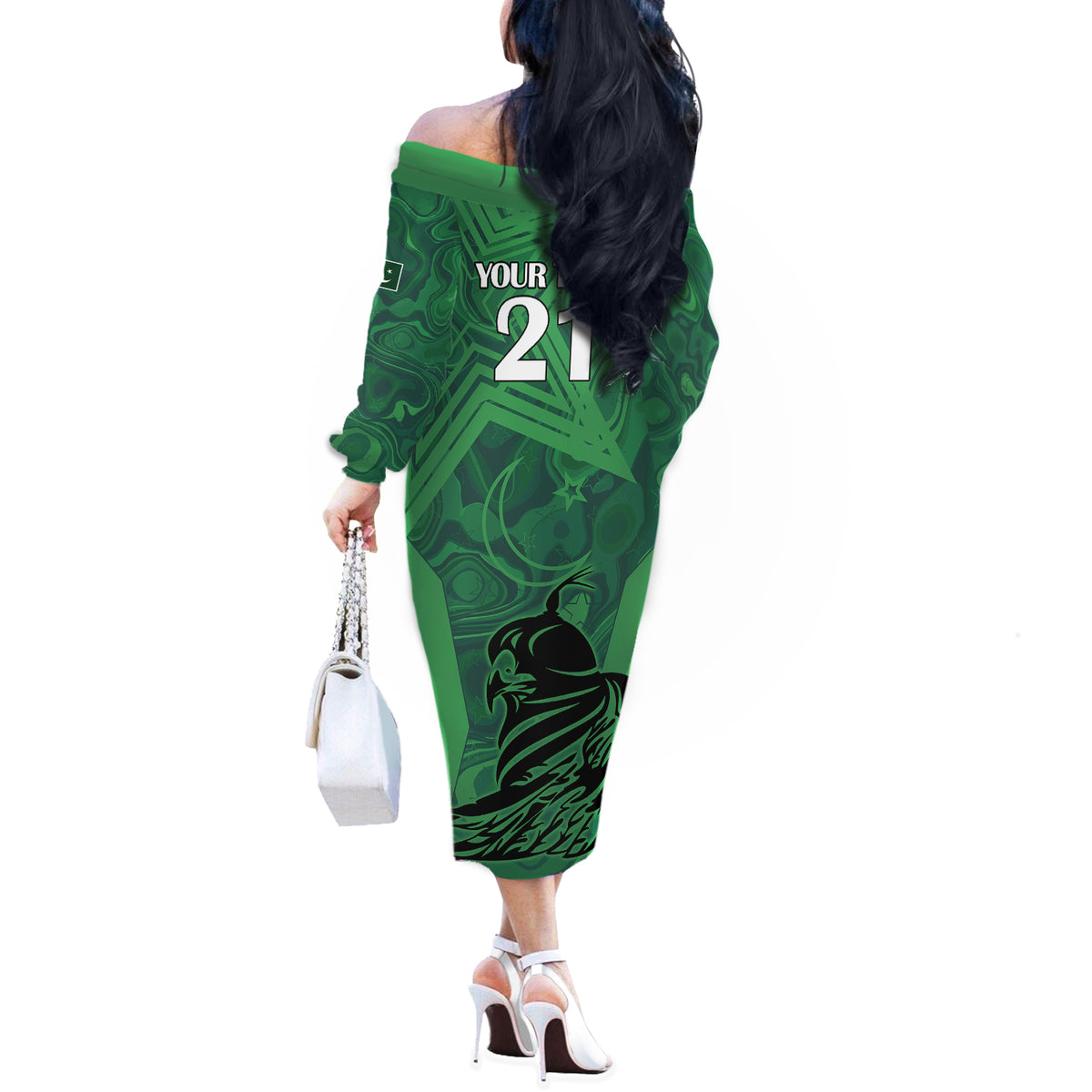 Custom Pakistan Cricket Off The Shoulder Long Sleeve Dress Go Falcon World Cup 2023 Sporty Style - Wonder Print Shop