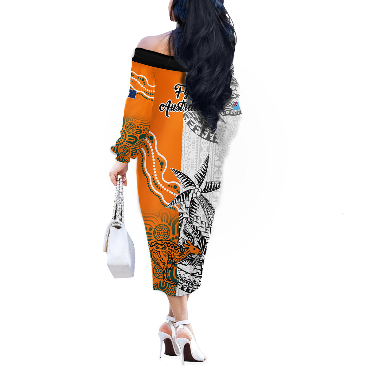 Fiji Australia Rugby Off The Shoulder Long Sleeve Dress World Cup 2023 Polynesia Tapa Mixed Indigenous Aboriginal - Wonder Print Shop