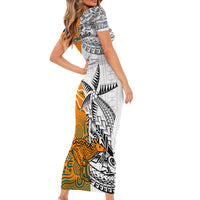 Fiji Australia Rugby Short Sleeve Bodycon Dress World Cup 2023 Polynesia Tapa Mixed Indigenous Aboriginal - Wonder Print Shop
