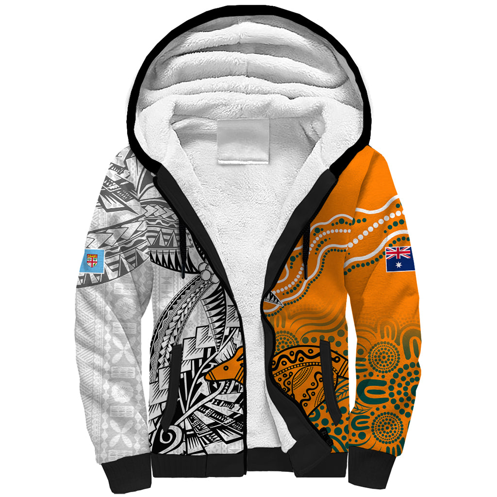 Personalised Fiji Australia Rugby Sherpa Hoodie World Cup 2023 Polynesia Tapa Mixed Indigenous Aboriginal - Wonder Print Shop