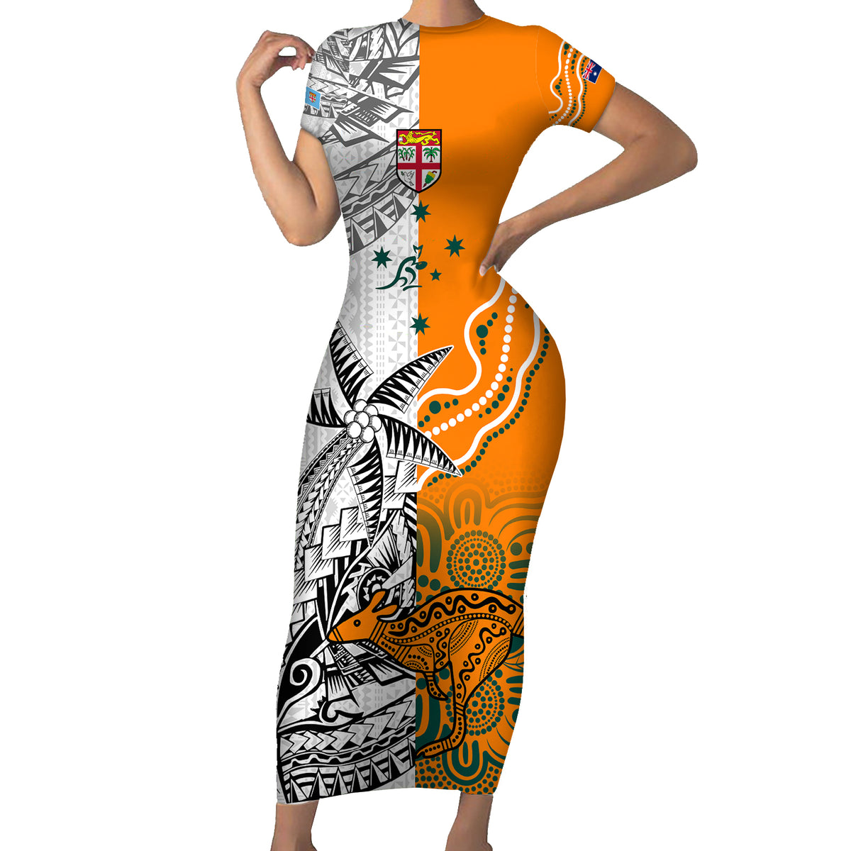 Personalised Fiji Australia Rugby Short Sleeve Bodycon Dress World Cup 2023 Polynesia Tapa Mixed Indigenous Aboriginal - Wonder Print Shop