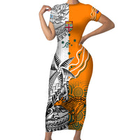 Personalised Fiji Australia Rugby Short Sleeve Bodycon Dress World Cup 2023 Polynesia Tapa Mixed Indigenous Aboriginal - Wonder Print Shop