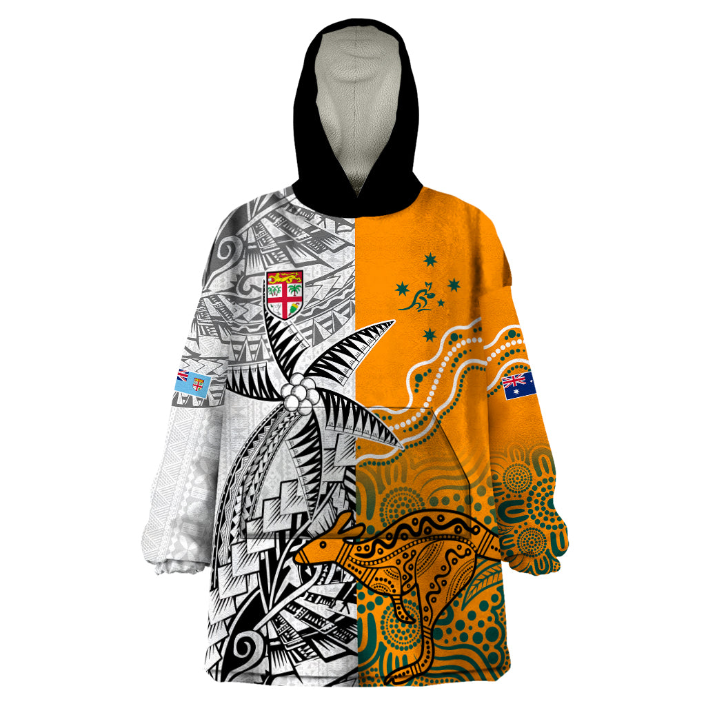 Personalised Fiji Australia Rugby Wearable Blanket Hoodie World Cup 2023 Polynesia Tapa Mixed Indigenous Aboriginal - Wonder Print Shop