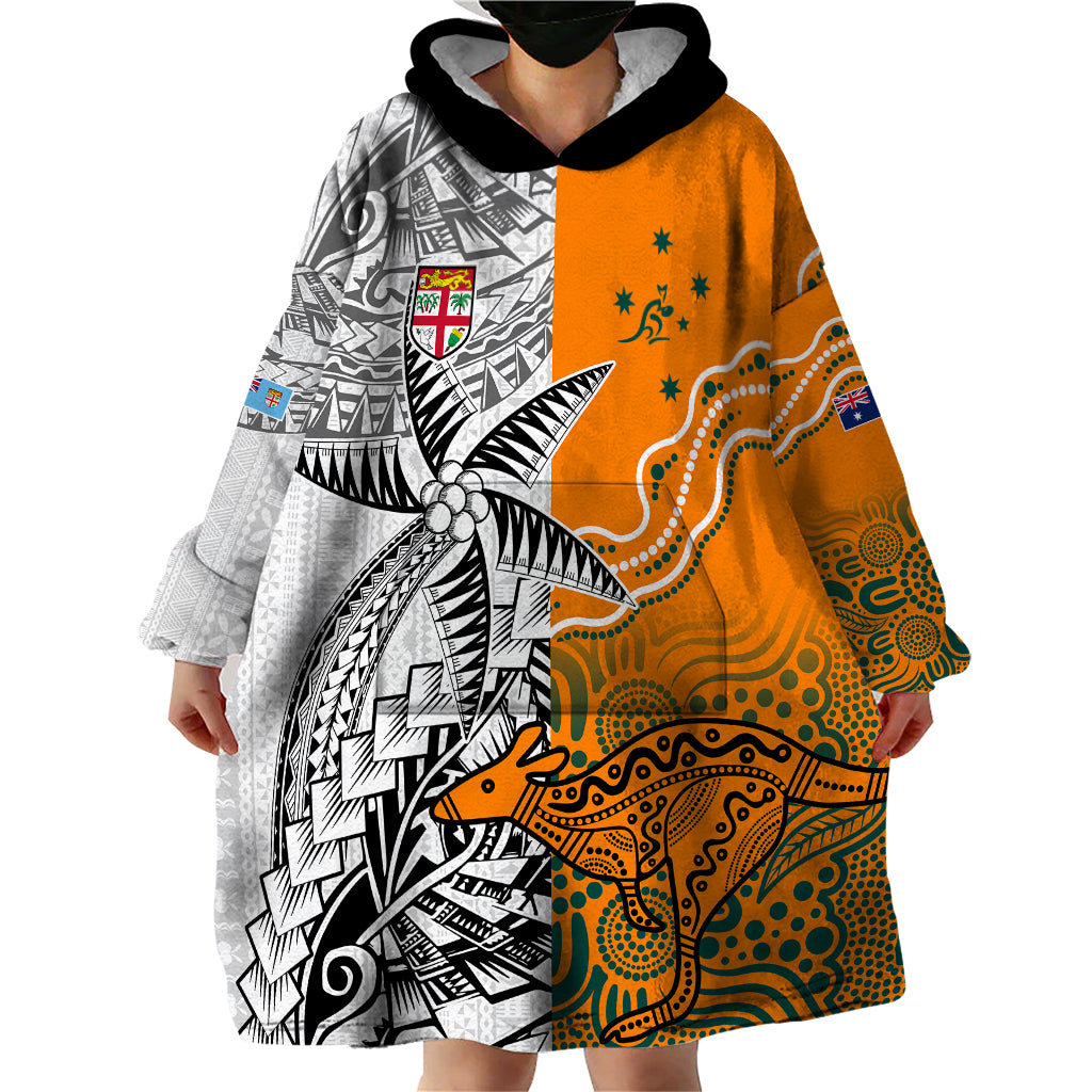Personalised Fiji Australia Rugby Wearable Blanket Hoodie World Cup 2023 Polynesia Tapa Mixed Indigenous Aboriginal - Wonder Print Shop