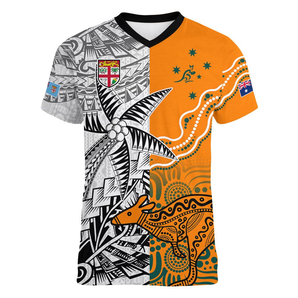 Personalised Fiji Australia Rugby Women V Neck T Shirt World Cup 2023 Polynesia Tapa Mixed Indigenous Aboriginal - Wonder Print Shop