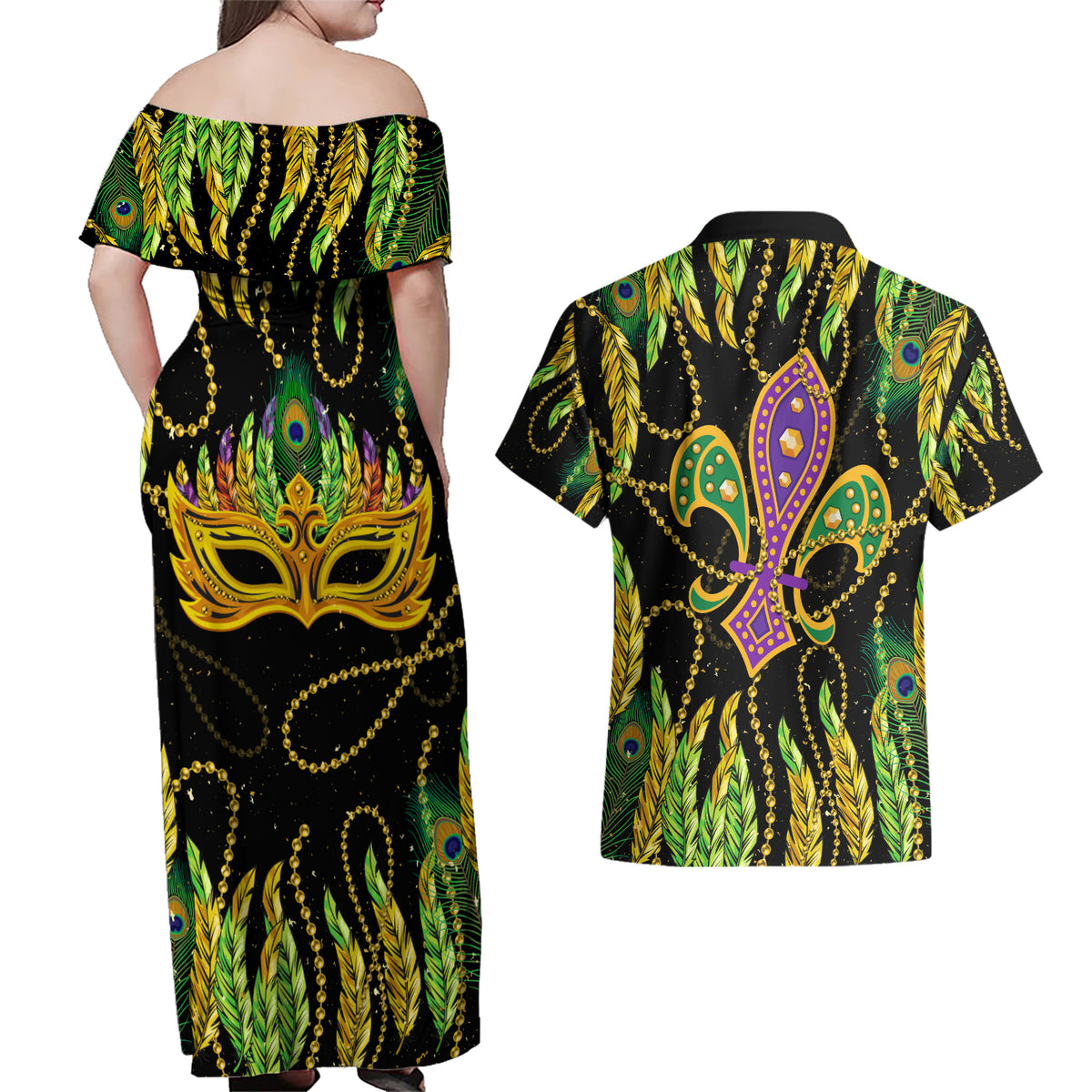 Feather Mask Mardi Gras Couples Matching Off Shoulder Maxi Dress and Hawaiian Shirt LT9 - Wonder Print Shop
