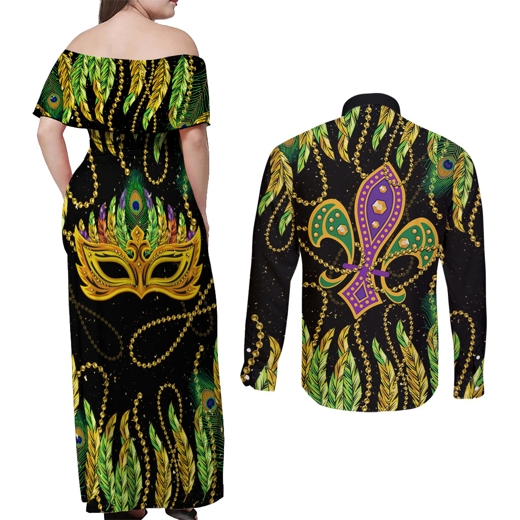 Feather Mask Mardi Gras Couples Matching Off Shoulder Maxi Dress and Long Sleeve Button Shirt LT9 - Wonder Print Shop