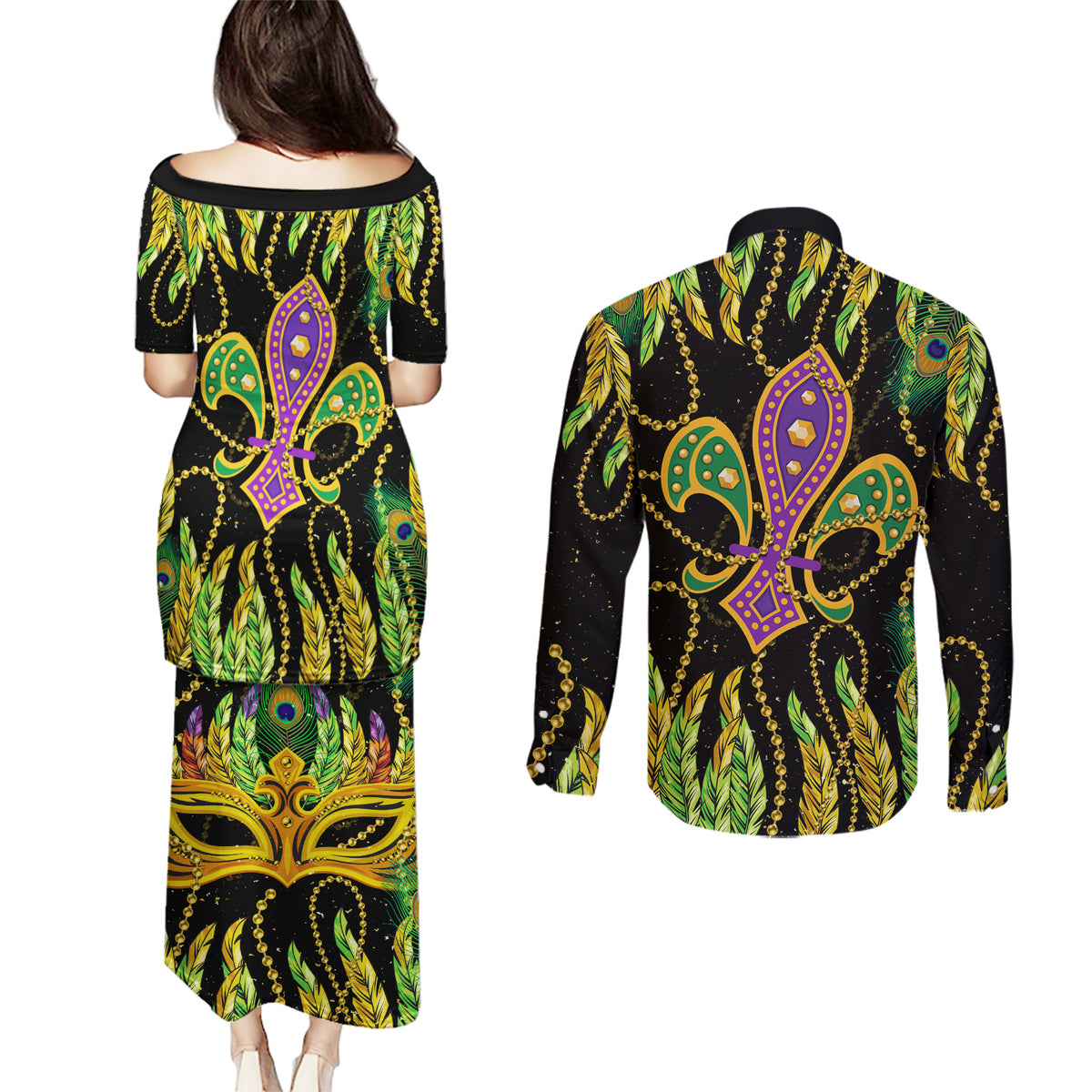 Feather Mask Mardi Gras Couples Matching Puletasi and Long Sleeve Button Shirt LT9 - Wonder Print Shop