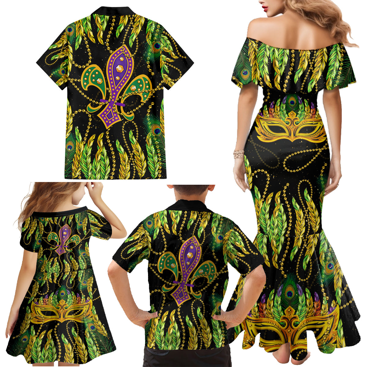 Feather Mask Mardi Gras Family Matching Mermaid Dress and Hawaiian Shirt LT9 - Wonder Print Shop