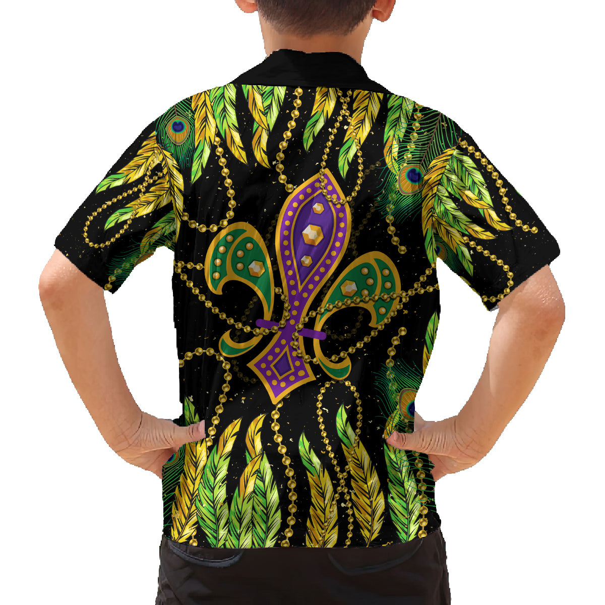 Feather Mask Mardi Gras Family Matching Off Shoulder Long Sleeve Dress and Hawaiian Shirt - Wonder Print Shop